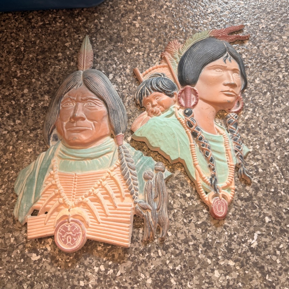 Native American Set Of 2 Made In USA Cast Iron Indian Maiden Child Wall Hangings